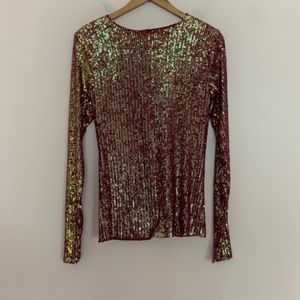 NWT New Free People Magenta Sequin Gold Rush Long Sleeve Top in Wine Combo